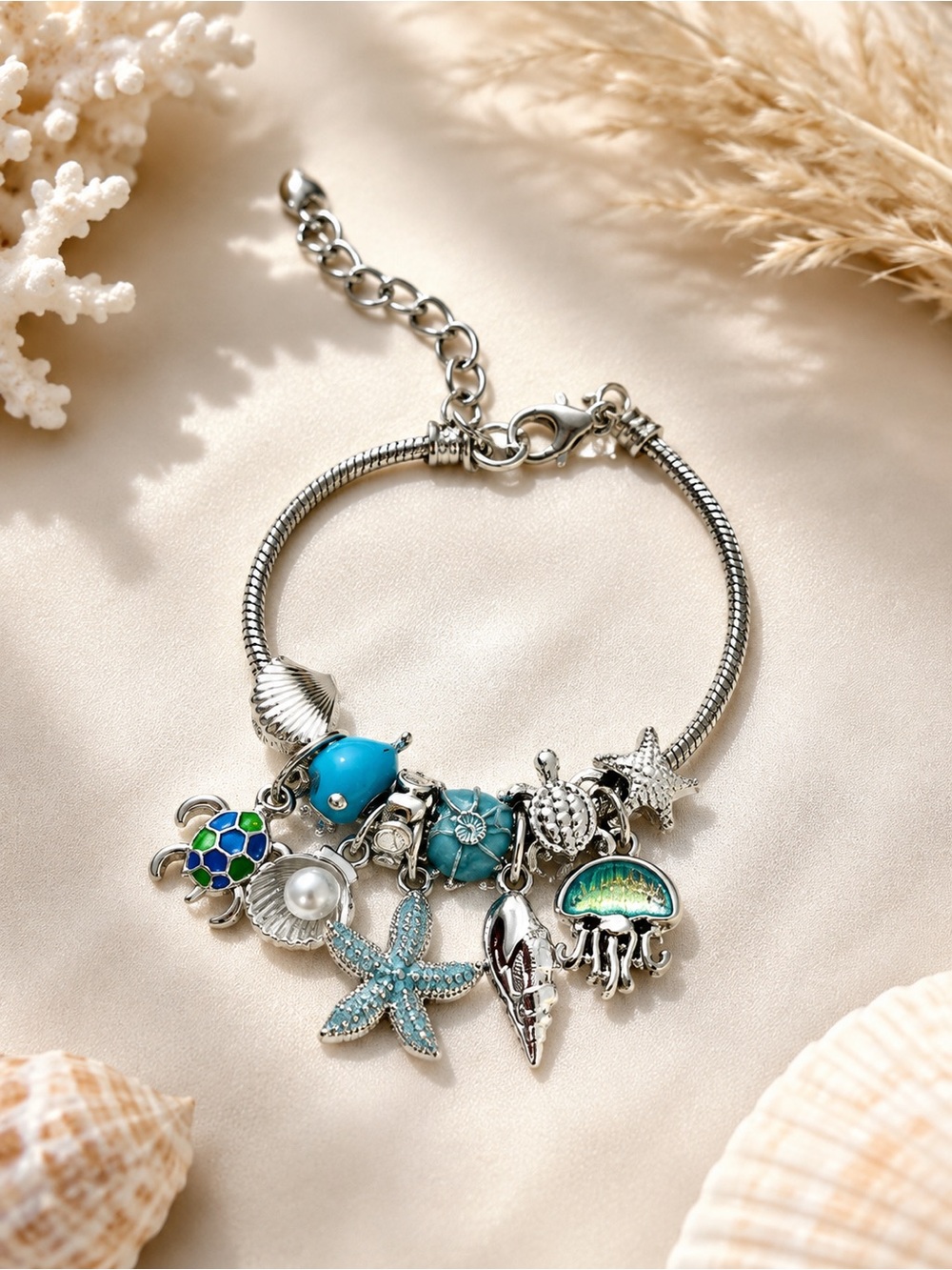 Silver-Tone Sea Life Charm Bracelet with Turquoise Accents